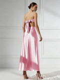Pink Strapless Sweetheart Satin A-Line Prom Dress with Twist Bow Cutout Bust Double Side Cutout Waist Open Back Bow Tie and Tea Length