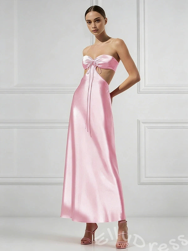 Pink Strapless Sweetheart Satin A-Line Prom Dress with Twist Bow Cutout Bust Double Side Cutout Waist Open Back Bow Tie and Tea Length