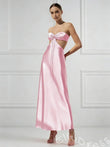 Pink Strapless Sweetheart Satin A-Line Prom Dress with Twist Bow Cutout Bust Double Side Cutout Waist Open Back Bow Tie and Tea Length