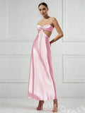 Pink Strapless Sweetheart Satin A-Line Prom Dress with Twist Bow Cutout Bust Double Side Cutout Waist Open Back Bow Tie and Tea Length
