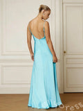 Tiffany Blue Spaghetti Strap Cowl Neck Satin Sheath Prom Dress with Draped Bust Side High Slit and Open Low Back