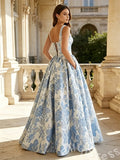 Sky Blue Floral Print Spagehhti Straps Satin A-Line Prom Dress with Flower