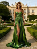Metallic Green Strapless Sweetheart A-Line Prom Dress with Pleated Satin High Slit Lace-Up Back and Sweep Train