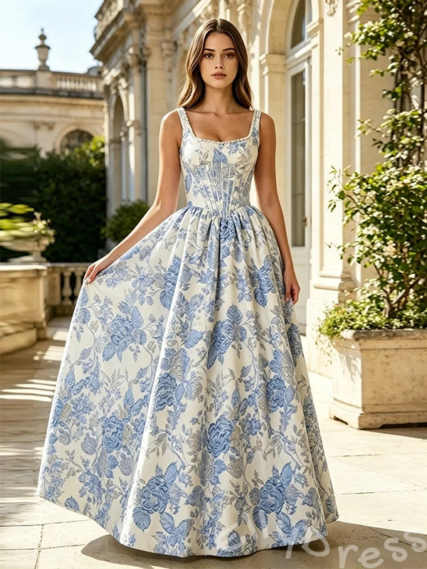 Sky Blue Floral Print Spagehhti Straps Satin A-Line Prom Dress with Flower