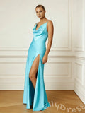 Tiffany Blue Spaghetti Strap Cowl Neck Satin Sheath Prom Dress with Draped Bust Side High Slit and Open Low Back