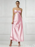 Pink Strapless Sweetheart Satin A-Line Prom Dress with Twist Bow Cutout Bust Double Side Cutout Waist Open Back Bow Tie and Tea Length
