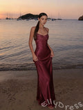 Burgundy Halter Spaghetti Strap Sweetheart Satin Prom Dress with Sequin Embroidered Bodice Ruched Side and Open Back