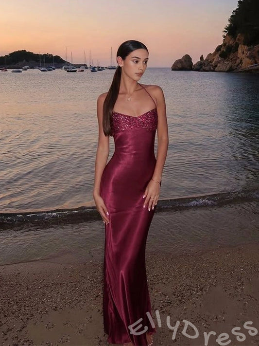 Burgundy Halter Spaghetti Strap Sweetheart Satin Prom Dress with Sequin Embroidered Bodice Ruched Side and Open Back