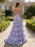 Lavender Purple Spaghetti Strap Sweetheart Sheer Corset Lace A-Line Prom Dress with Tiered Ruffle Skirt High Slit and Lace-Up Back
