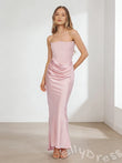 Blush Pink Strapless Straight Neck Satin Sheath Mermaid Prom Dress with Diagonal Side Ruched Drape Fitted Waist Trumpet Hem and Open Back