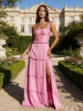 Pink Wide Strap Square Neck Corset Bodice A-Line Prom Dress with Tiered Ruffles High Slit and Lace-Up Back