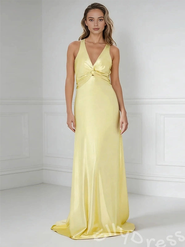 Lemon Yellow Wide Strap Deep V-Neck Satin Mermaid Prom Dress with Twist Cutout Waist Criss Cross Back Bow Tie Open Back and Sweep Train