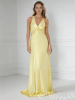 Lemon Yellow Wide Strap Deep V-Neck Satin Mermaid Prom Dress with Twist Cutout Waist Criss Cross Back Bow Tie Open Back and Sweep Train