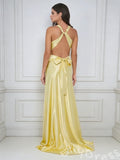 Lemon Yellow Wide Strap Deep V-Neck Satin Mermaid Prom Dress with Twist Cutout Waist Criss Cross Back Bow Tie Open Back and Sweep Train