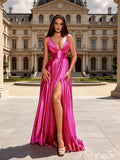 Black Wide Strap Deep V-Neck Satin A-Line Prom Dress with Pleated Bust Wide Waistband High Slit Open Back Pockets and Sweep Train