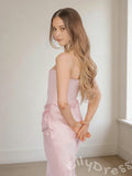 Blush Pink Strapless Straight Neck Satin Sheath Mermaid Prom Dress with Diagonal Side Ruched Drape Fitted Waist Trumpet Hem and Open Back
