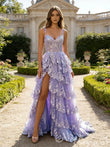 Lavender Purple Spaghetti Strap Sweetheart Sheer Corset Lace A-Line Prom Dress with Tiered Ruffle Skirt High Slit and Lace-Up Back