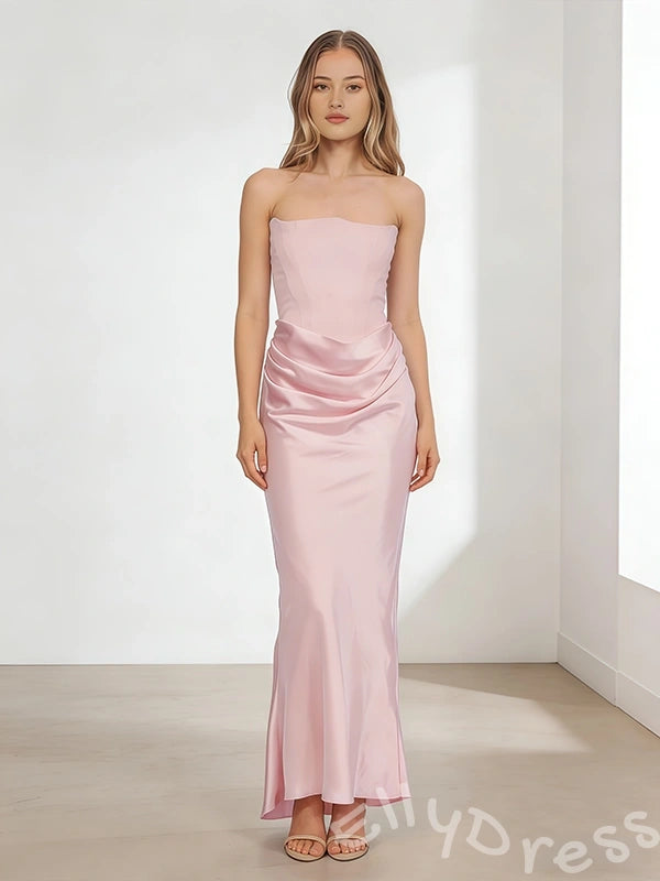 Blush Pink Strapless Straight Neck Satin Sheath Mermaid Prom Dress with Diagonal Side Ruched Drape Fitted Waist Trumpet Hem and Open Back