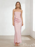 Blush Pink Strapless Straight Neck Satin Sheath Mermaid Prom Dress with Diagonal Side Ruched Drape Fitted Waist Trumpet Hem and Open Back