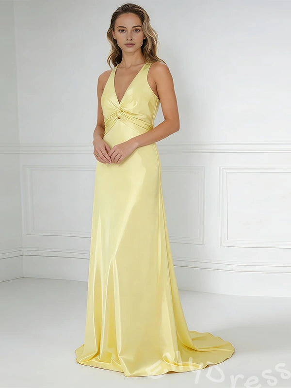 Lemon Yellow Wide Strap Deep V-Neck Satin Mermaid Prom Dress with Twist Cutout Waist Criss Cross Back Bow Tie Open Back and Sweep Train