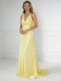 Lemon Yellow Wide Strap Deep V-Neck Satin Mermaid Prom Dress with Twist Cutout Waist Criss Cross Back Bow Tie Open Back and Sweep Train