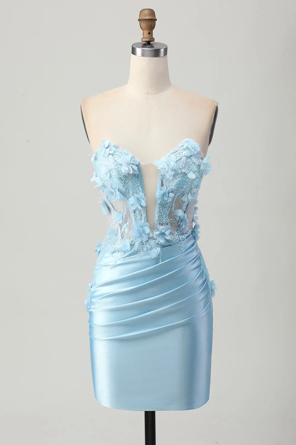 Light Blue 3D Floral Strapless Bodycon Homecoming Satin Mini Dress