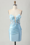 Light Blue 3D Floral Strapless Bodycon Homecoming Satin Mini Dress