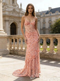 Coral Pink Spaghetti Strap Sweetheart Sheer Lace Mermaid Prom Dress with 3D Floral Embroidery Tiered Hem Corset Back and Sweep Train