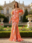 Coral Orange Off-Shoulder Sweetheart Floral Sequin Embroidered Mermaid Prom Dress with Feather Shoulder Trim High Slit Lace-Up Corset Back and Sweep Train