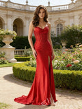 Red Strapless Sweetheart Sheer Corset Satin Mermaid Prom Dress with Rhinestone Embellishment High Slit Lace-Up Back and Sweep Train