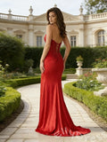 Red Strapless Sweetheart Sheer Corset Satin Mermaid Prom Dress with Rhinestone Embellishment High Slit Lace-Up Back and Sweep Train
