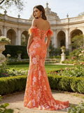 Coral Orange Off-Shoulder Sweetheart Floral Sequin Embroidered Mermaid Prom Dress with Feather Shoulder Trim High Slit Lace-Up Corset Back and Sweep Train