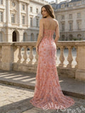 Coral Pink Spaghetti Strap Sweetheart Sheer Lace Mermaid Prom Dress with 3D Floral Embroidery Tiered Hem Corset Back and Sweep Train