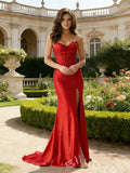 Red Strapless Sweetheart Sheer Corset Satin Mermaid Prom Dress with Rhinestone Embellishment High Slit Lace-Up Back and Sweep Train