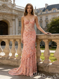 Coral Pink Spaghetti Strap Sweetheart Sheer Lace Mermaid Prom Dress with 3D Floral Embroidery Tiered Hem Corset Back and Sweep Train