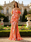 Coral Orange Off-Shoulder Sweetheart Floral Sequin Embroidered Mermaid Prom Dress with Feather Shoulder Trim High Slit Lace-Up Corset Back and Sweep Train
