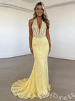 Lemon Yellow Halter Deep V-Neck Full Lace Mermaid Prom Dress with Sheer Boned Corset Bodice Floral Embroidery Open Back and Sweep Train