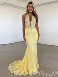 Lemon Yellow Halter Deep V-Neck Full Lace Mermaid Prom Dress with Sheer Boned Corset Bodice Floral Embroidery Open Back and Sweep Train