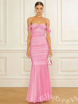 Barbie Pink Off-Shoulder Drape Sleeve Sweetheart Ruched Chiffon Mermaid Prom Dress with Twist Bust Pleated Trumpet Hem and Open Back