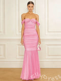Barbie Pink Off-Shoulder Drape Sleeve Sweetheart Ruched Chiffon Mermaid Prom Dress with Twist Bust Pleated Trumpet Hem and Open Back