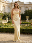 Champagne Spaghetti Strap Cowl Neck Satin Mermaid Prom Dress with Cutout Waist Open Back Criss Cross Straps and Sweep Train