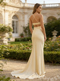 Champagne Spaghetti Strap Cowl Neck Satin Mermaid Prom Dress with Cutout Waist Open Back Criss Cross Straps and Sweep Train