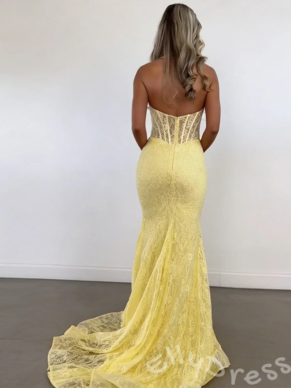 Lemon Yellow Halter Deep V-Neck Full Lace Mermaid Prom Dress with Sheer Boned Corset Bodice Floral Embroidery Open Back and Sweep Train