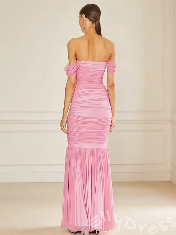 Barbie Pink Off-Shoulder Drape Sleeve Sweetheart Ruched Chiffon Mermaid Prom Dress with Twist Bust Pleated Trumpet Hem and Open Back