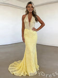 Lemon Yellow Halter Deep V-Neck Full Lace Mermaid Prom Dress with Sheer Boned Corset Bodice Floral Embroidery Open Back and Sweep Train
