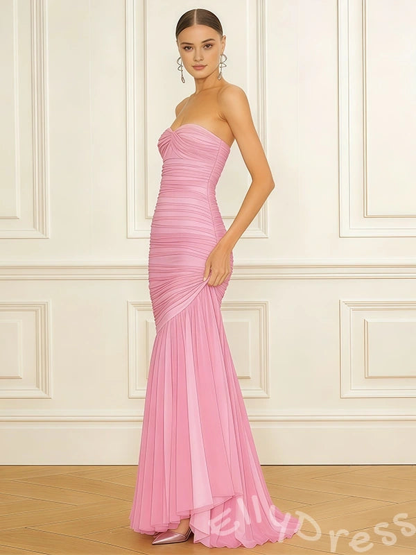 Barbie Pink Off-Shoulder Drape Sleeve Sweetheart Ruched Chiffon Mermaid Prom Dress with Twist Bust Pleated Trumpet Hem and Open Back