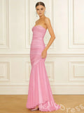 Barbie Pink Off-Shoulder Drape Sleeve Sweetheart Ruched Chiffon Mermaid Prom Dress with Twist Bust Pleated Trumpet Hem and Open Back