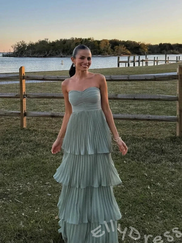 Sage Green Strapless Sweetheart Chiffon Tiered Cake Prom Dress with Ruched Twist Bust Four-Layer Pleated Ruffle Skirt and Open Back