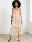 Champagne Gold Pearl Chain Strap Square Neck Metallic Pleated Three-Tier Cake Prom Dress with Corset Ruched Bodice and Midi Length