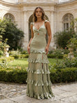 Sage Green Spaghetti Strap Deep V-Neck Tiered Ruffle A-Line Prom Dress with Twist Cutout Bust Cutout Waist High Slit and Open Back